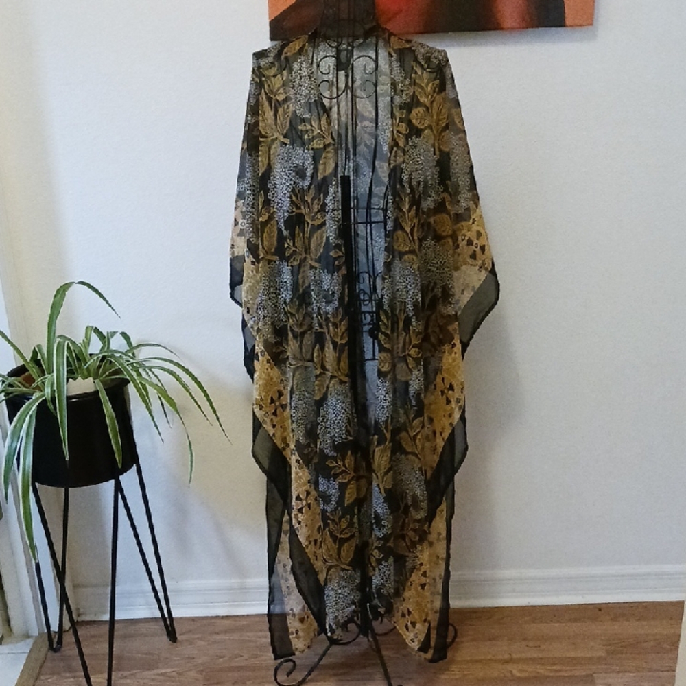 Vince Camuto Black and Gold Leaf Print Swim Coverup